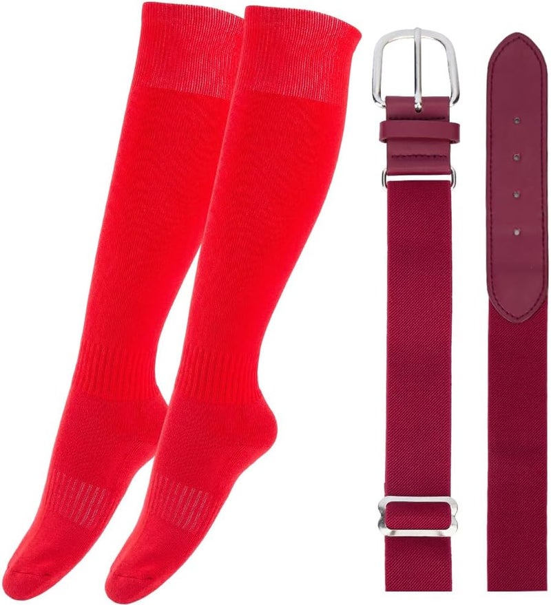 CALFOVERA Elastic Baseball Belt and Socks Combo Set Solid Color Elite Team Sport Knee High Socks Polyester PU Leather Adjustable Softball Waist Belt Waistband with Alloy Clasp for Youth Adult(Red) - Image 1
